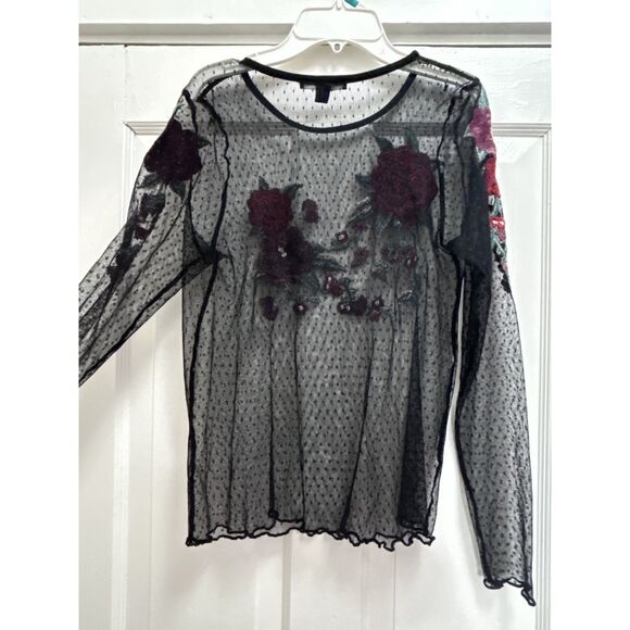 American Eagle Women's Fairy Grunge Black Polka Dot Sheer Mesh Embroidered Top - Picture 2 of 8